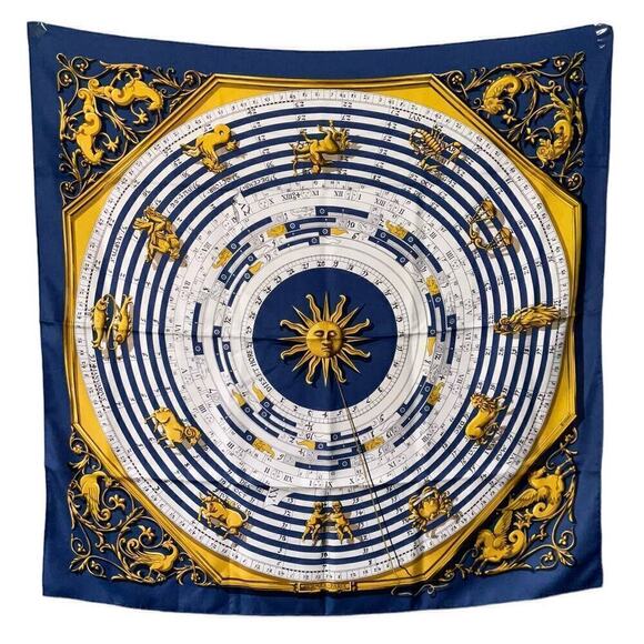 Vintage Hermès silk scarf Dies Et Hore Horoscope By Facconet Navy Blue Gold - Picture 2 of 15